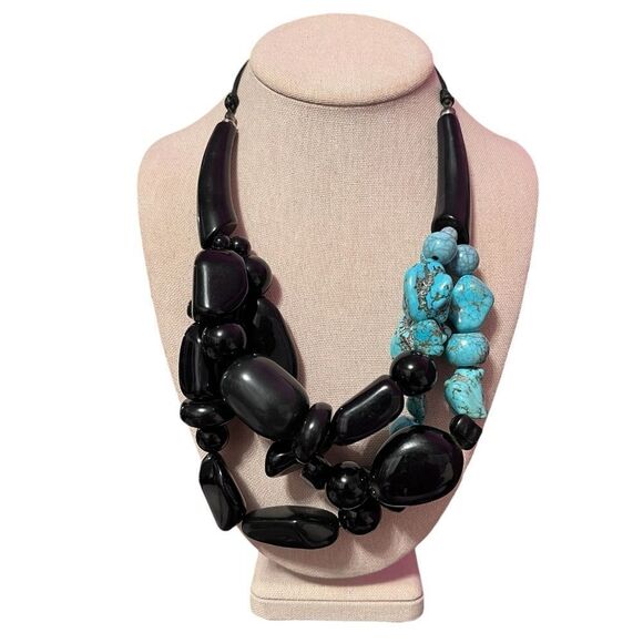 Vintage Chico’s Onyx And Turquoise Multi Layer Statement Necklace - Picture 1 of 3